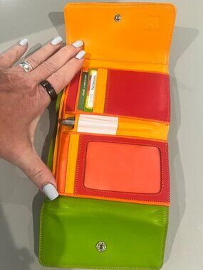 NWT Mywalit Double Flap Leather Wallet Purse Jamaica Orange Red Lime